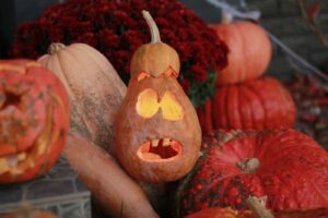 Zucche intagliate illuminate e zucche di varie forme accanto a crisantemi rossi, allestimento autunnale di Halloween